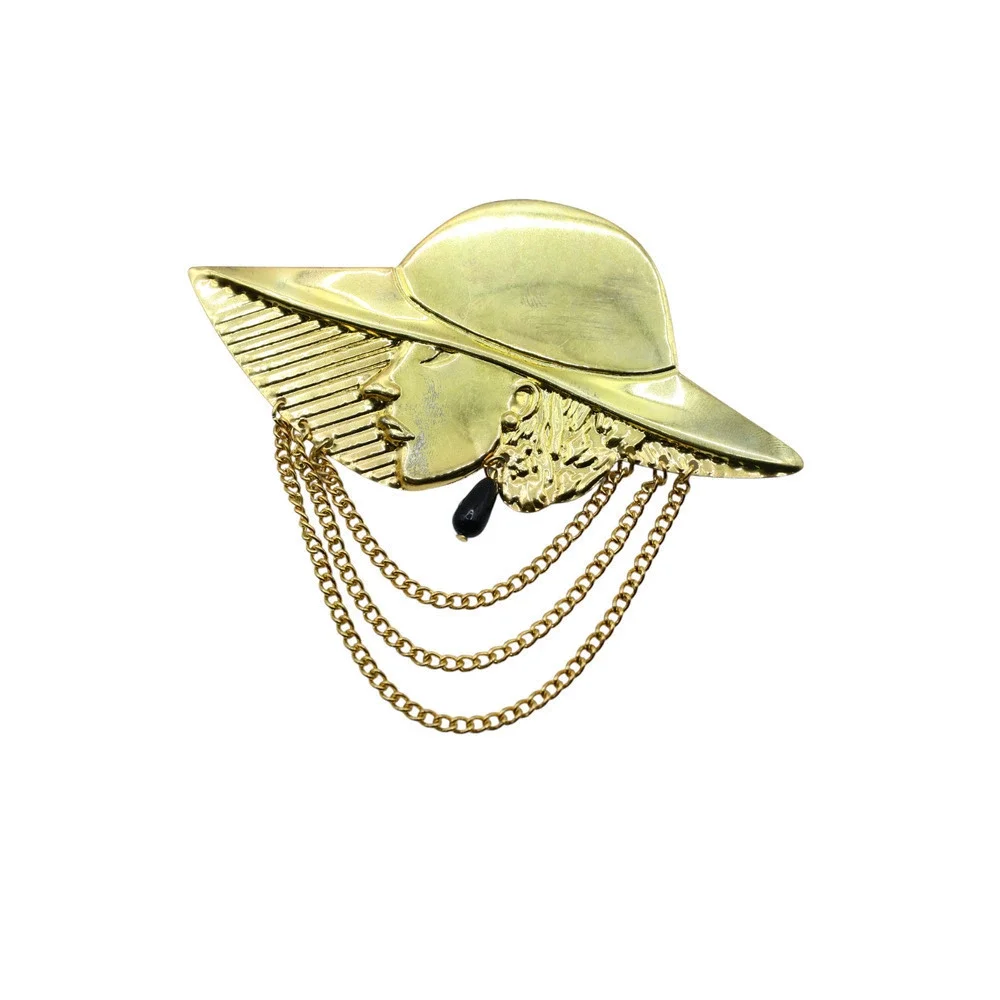 Vintage Statement Pin Brooch Stamped Metal Lady in Hat w Chains 4 5/8